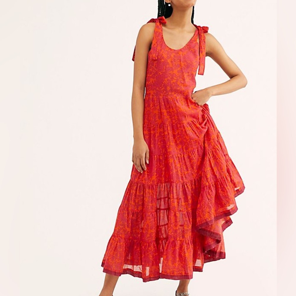 Free People Kika’s Printed Midi Dress Red Size Small